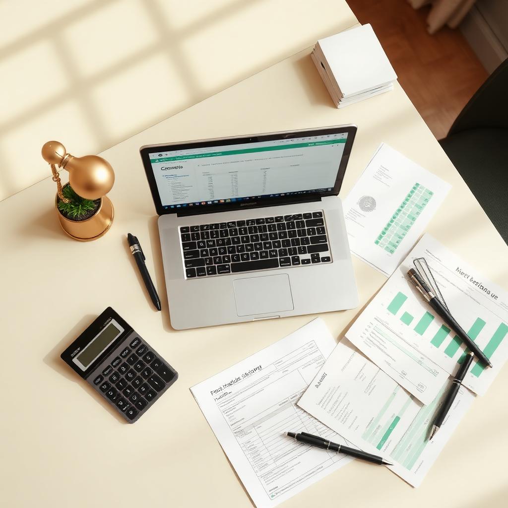 Mesa de trabalho organizada de contador com livros, calculadora e notebook